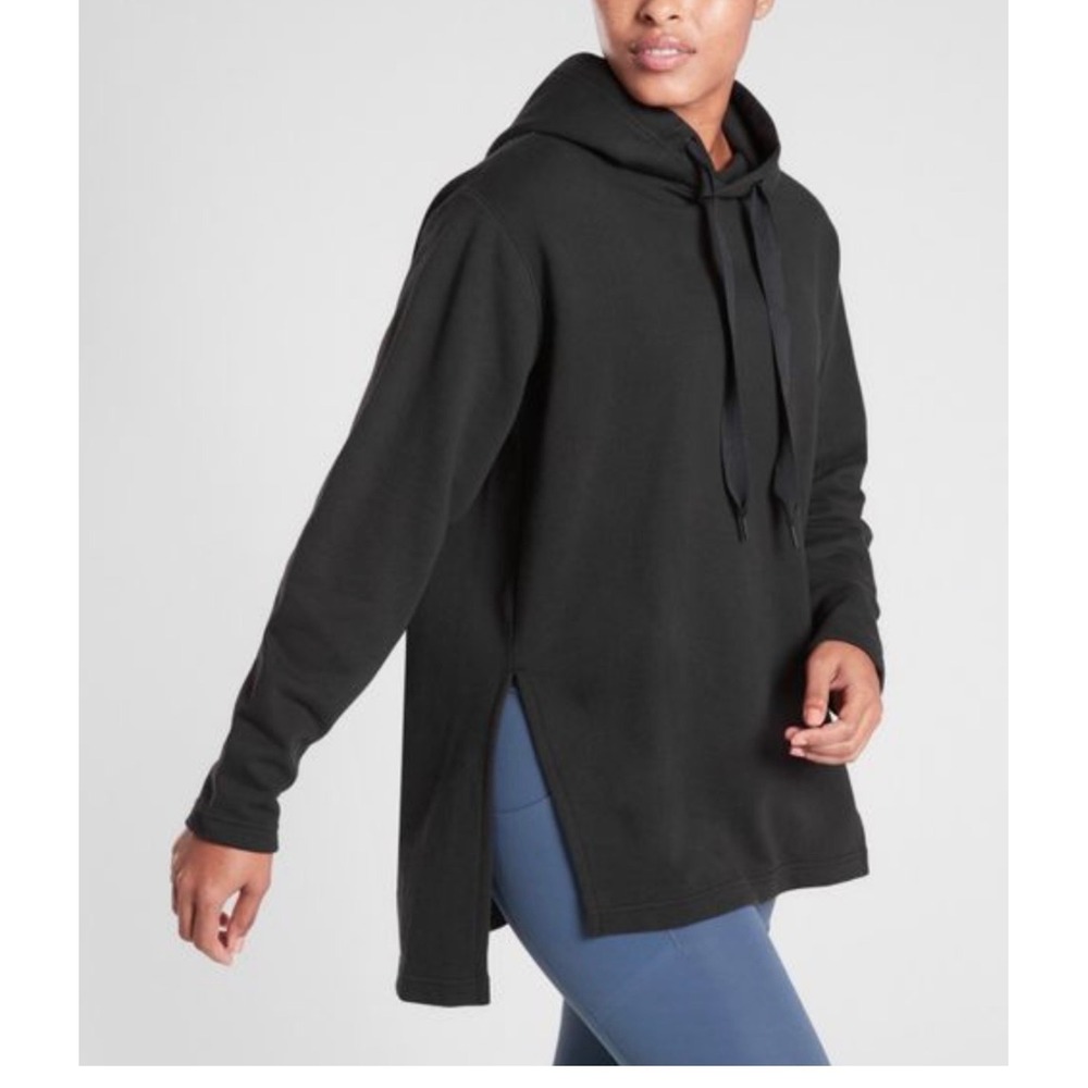 Athleta Black Long Sleeve Hooded Tunic‎ Side Slits Athleisure Sweatshirt Top S